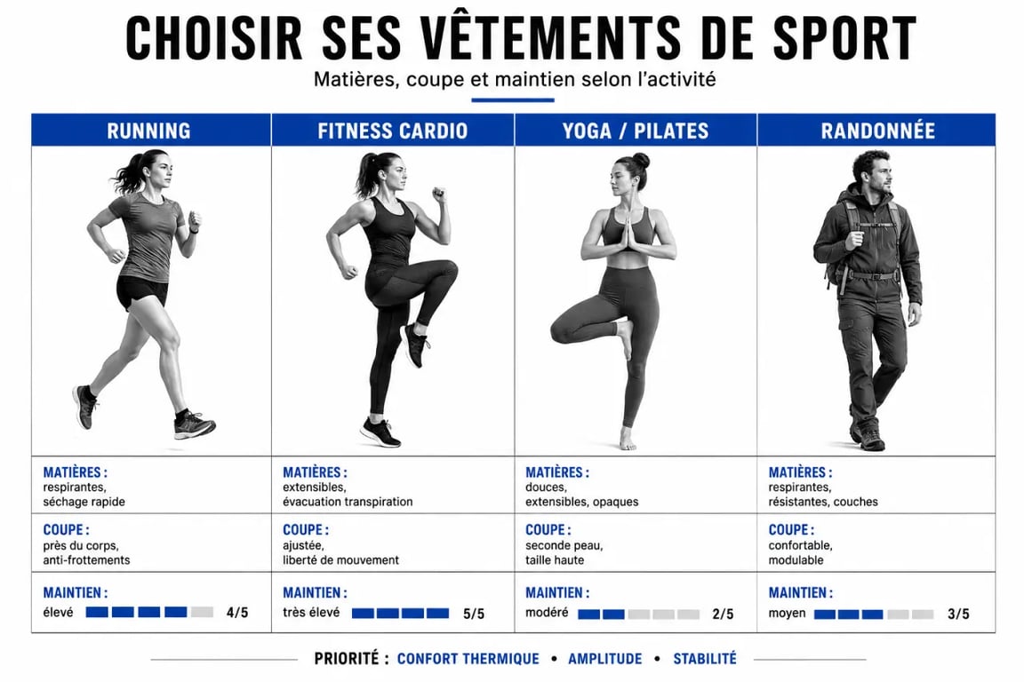 Comment choisir ses vêtements de sport pour optimiser ses entraînements : comparatif des matières, coupes et niveaux de maintien selon l’activité