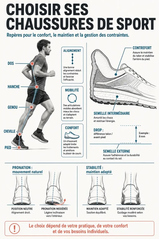 Schéma pour choisir ses chaussures de sport afin de protéger ses articulations, avec pronation, drop et chaîne cinétique