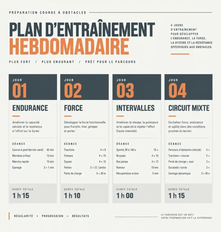 Infographie du plan d'entraînement hebdomadaire pour se préparer physiquement pour une course à obstacles