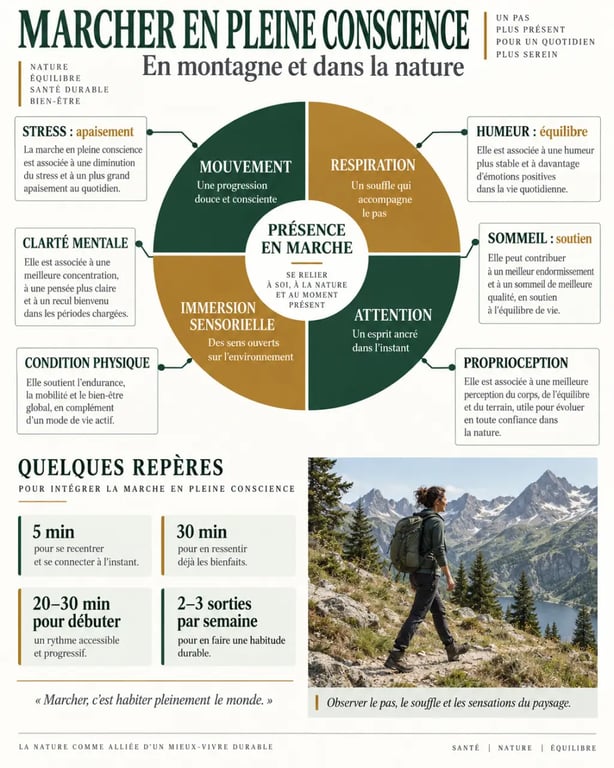 Infographie sur les bienfaits de la marche en pleine conscience en montagne et nature
