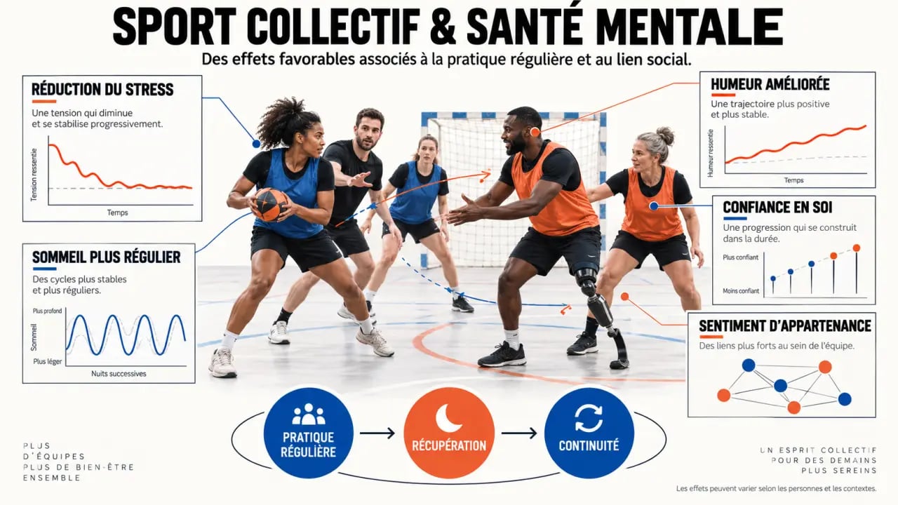 Infographie sur les bienfaits du sport collectif pour la santé mentale, le stress, le sommeil et les liens sociaux
