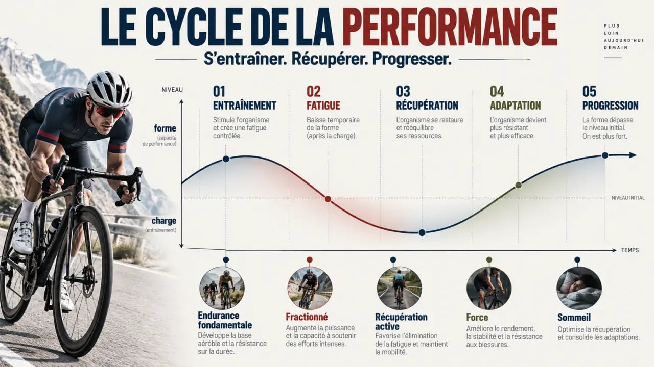Infographie sur le cyclisme et la performance, reliant entraînement, récupération et progression