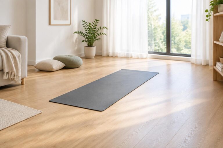 Aménager un coin yoga relaxant dans son salon, avec 50 cm autour du tapis